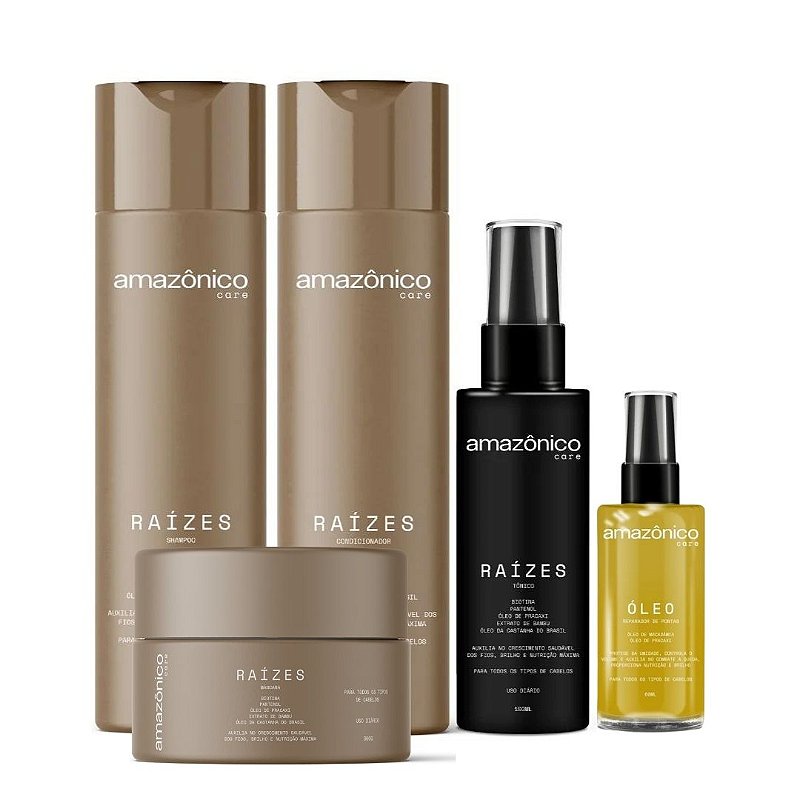Kit Raízes Shampoo + Máscara + Condicionador + Tônico + Óleo reparador de pontas | Amazônico Care