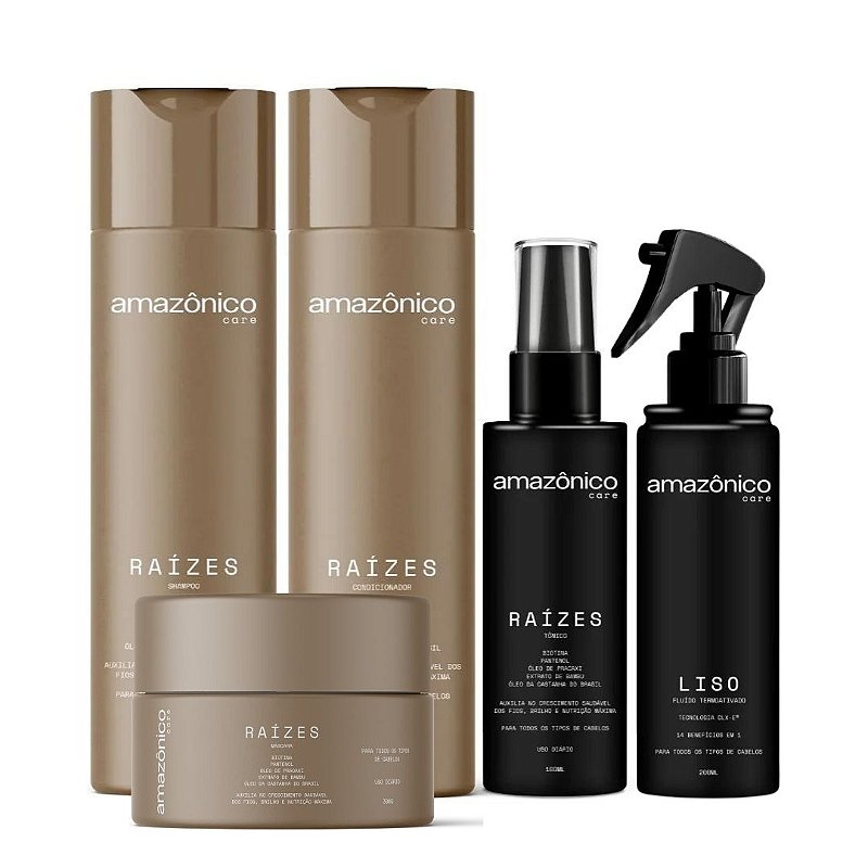 Kit Raízes Shampoo + Máscara + Condicionador + Tônico + Liso Fluido Termoativo | Amazônico Care