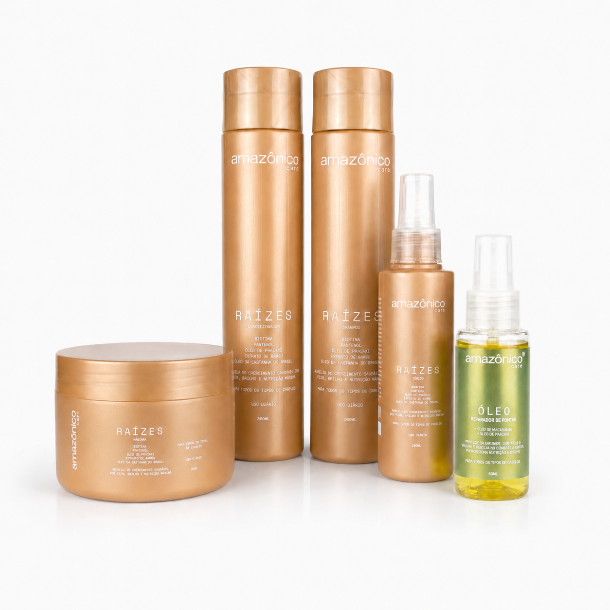 Kit Raízes Shampoo + Máscara + Condicionador + Tônico + Óleo reparador de pontas | Amazônico Care