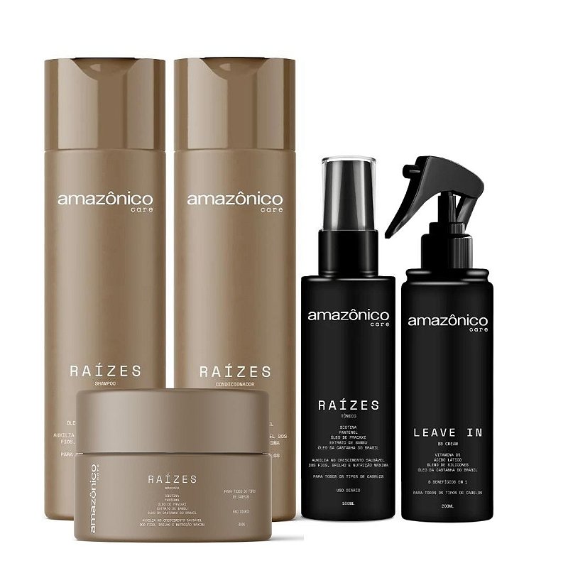 Kit Raízes Shampoo + Máscara + Condicionador + Tônico + Leave-in BB Cream | Amazônico Care