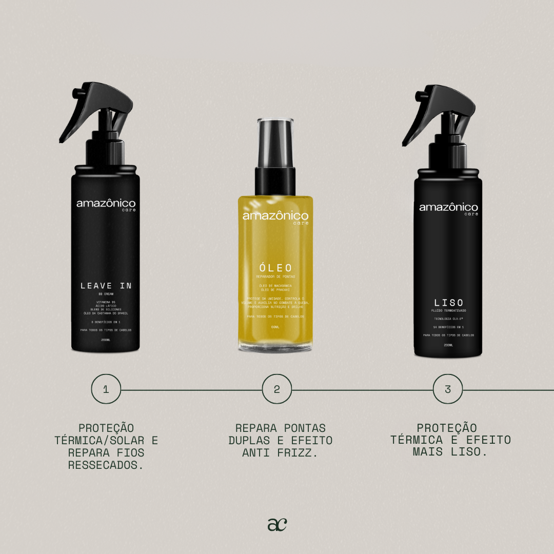 Kit Liso + Leave-in + Óleo Reparador | Amazônico Care