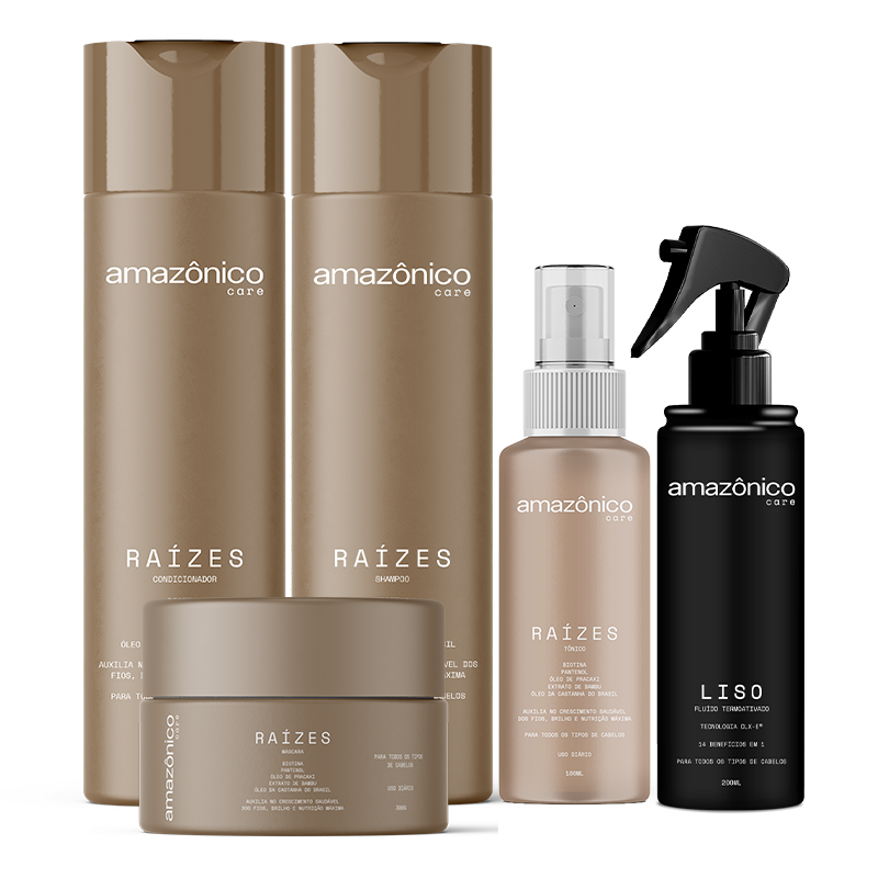 Kit Raízes Shampoo + Máscara + Condicionador + Tônico +  Liso Fluido Termoativo  | Amazônico Care