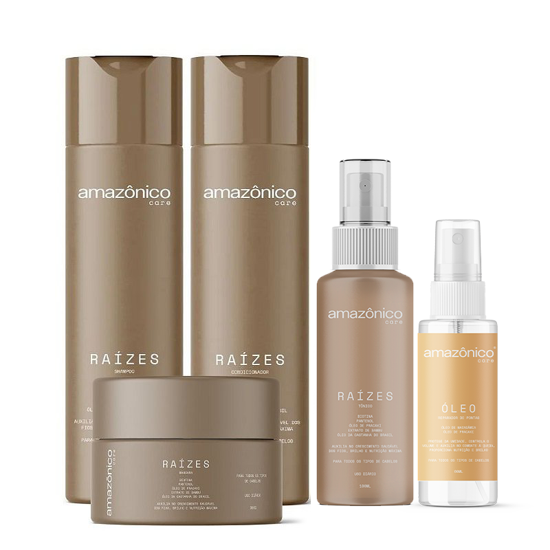 Kit Raízes Shampoo + Máscara + Condicionador + Tônico +  Óleo reparador de pontas   | Amazônico Care