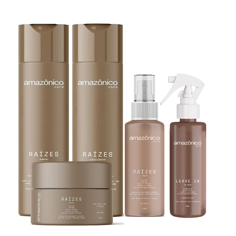 Kit Raízes Shampoo + Máscara + Condicionador + Tônico +  Leave-in BB Cream | Amazônico Care